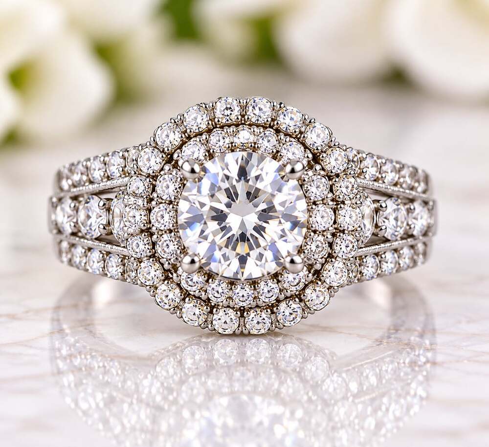 Multi-stone halo design  engagement weddingting• Exceptional sparkle